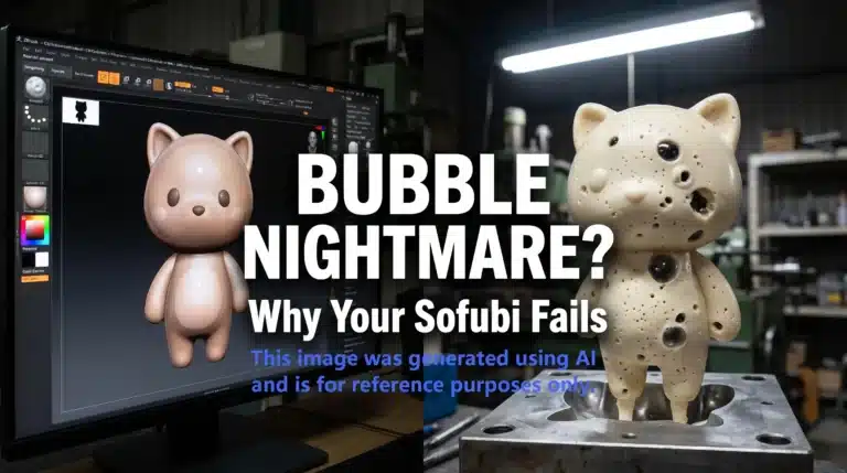 Side-by-side comparison of a clean ZBrush 3D bear design and a physical Sofubi sample with severe air bubble defects.