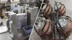 Side-by-side comparison of heavy industrial steel injection molds and electroformed copper slush molds used in custom toy manufacturing at MIHOX.