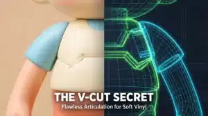 A split-screen comparison showing a physical soft vinyl art toy and its 3D wireframe mesh, illustrating the V-Cut joint secret for flawless articulation.