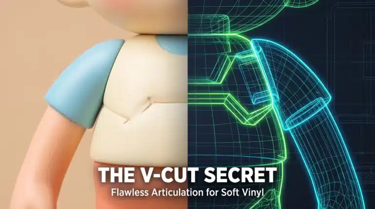 A split-screen comparison showing a physical soft vinyl art toy and its 3D wireframe mesh, illustrating the V-Cut joint secret for flawless articulation.