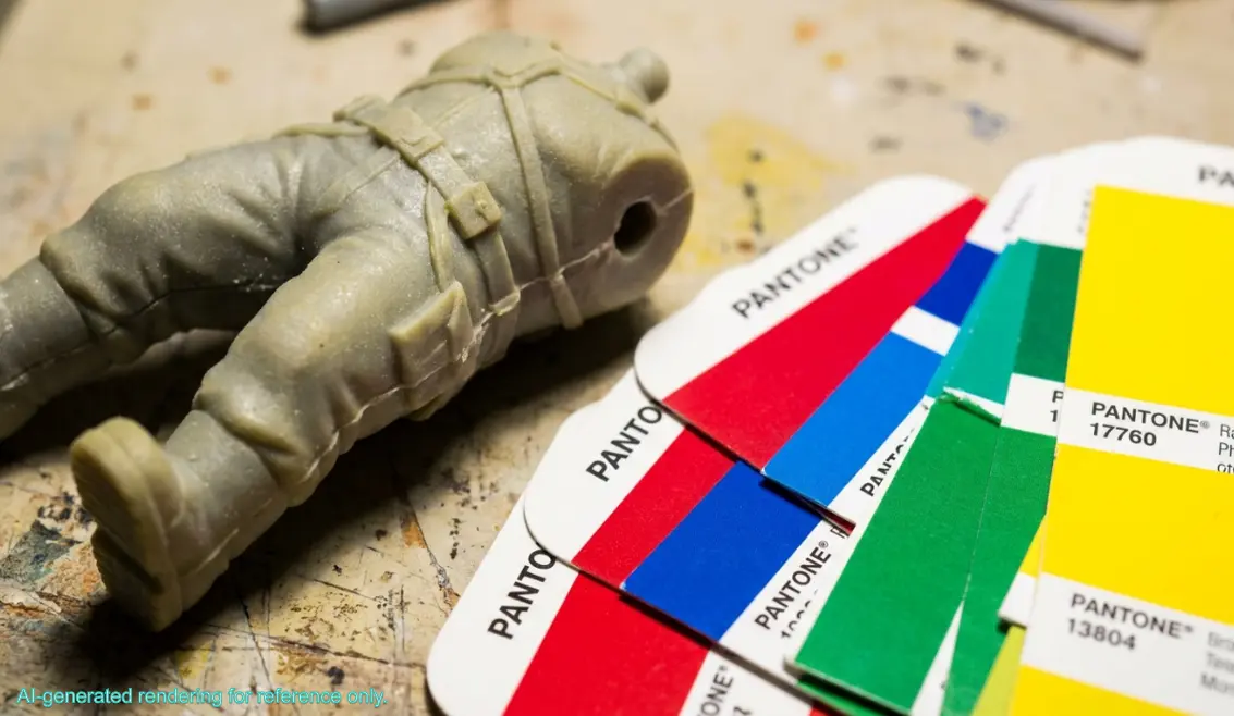 A raw unpainted grey vinyl toy torso next to a fanned-out Pantone color swatch guide on a factory workbench.